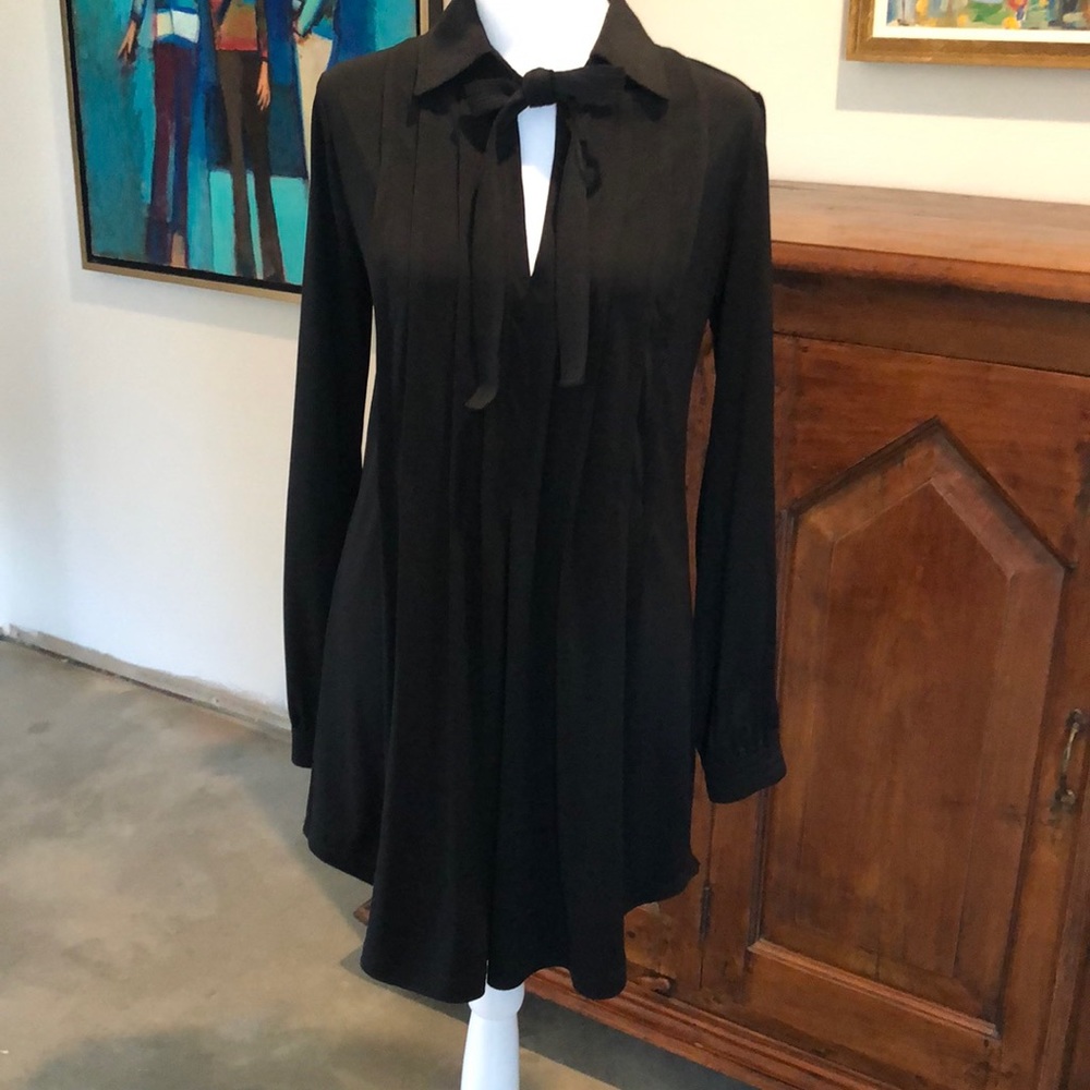 Max Studio Black Tie Neck Mini Shirt Dress Size XS, fits S also, Shirttail Hem